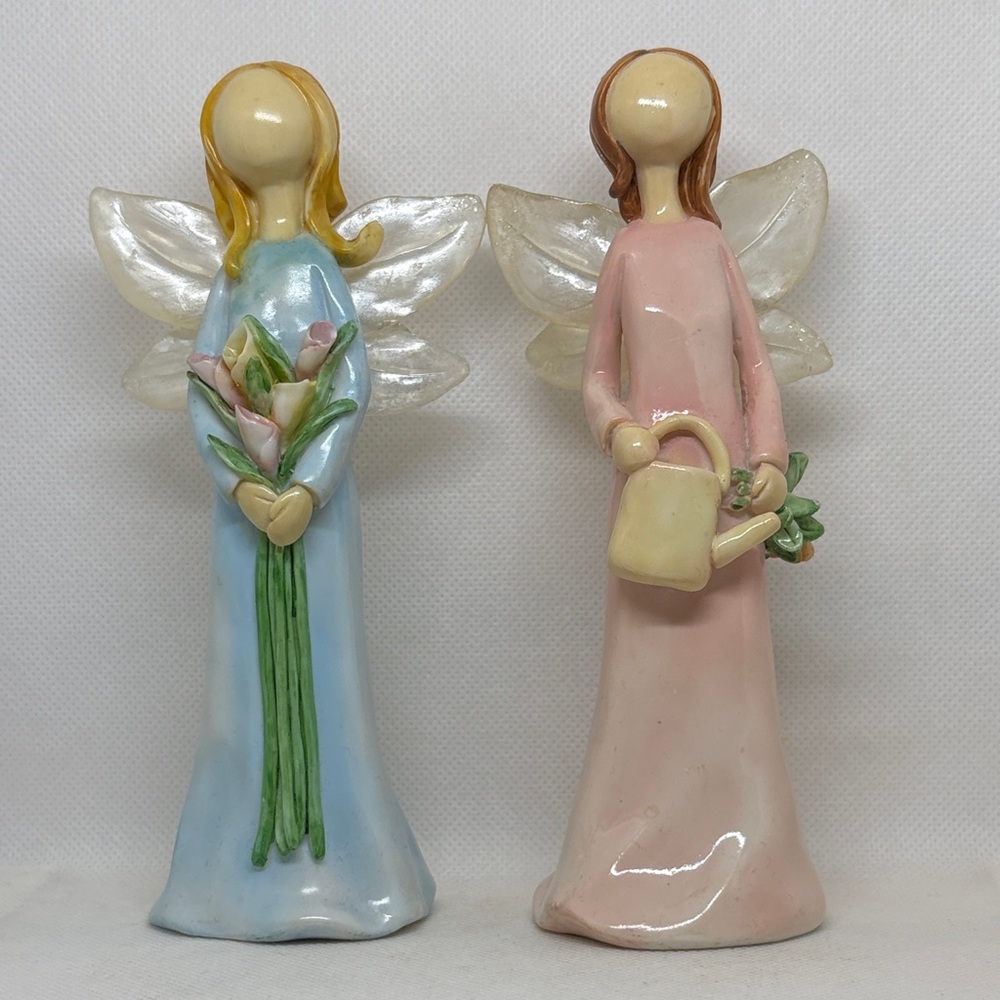 Ceramic Angel Figurines with Flowers and Watering Can Set of 2